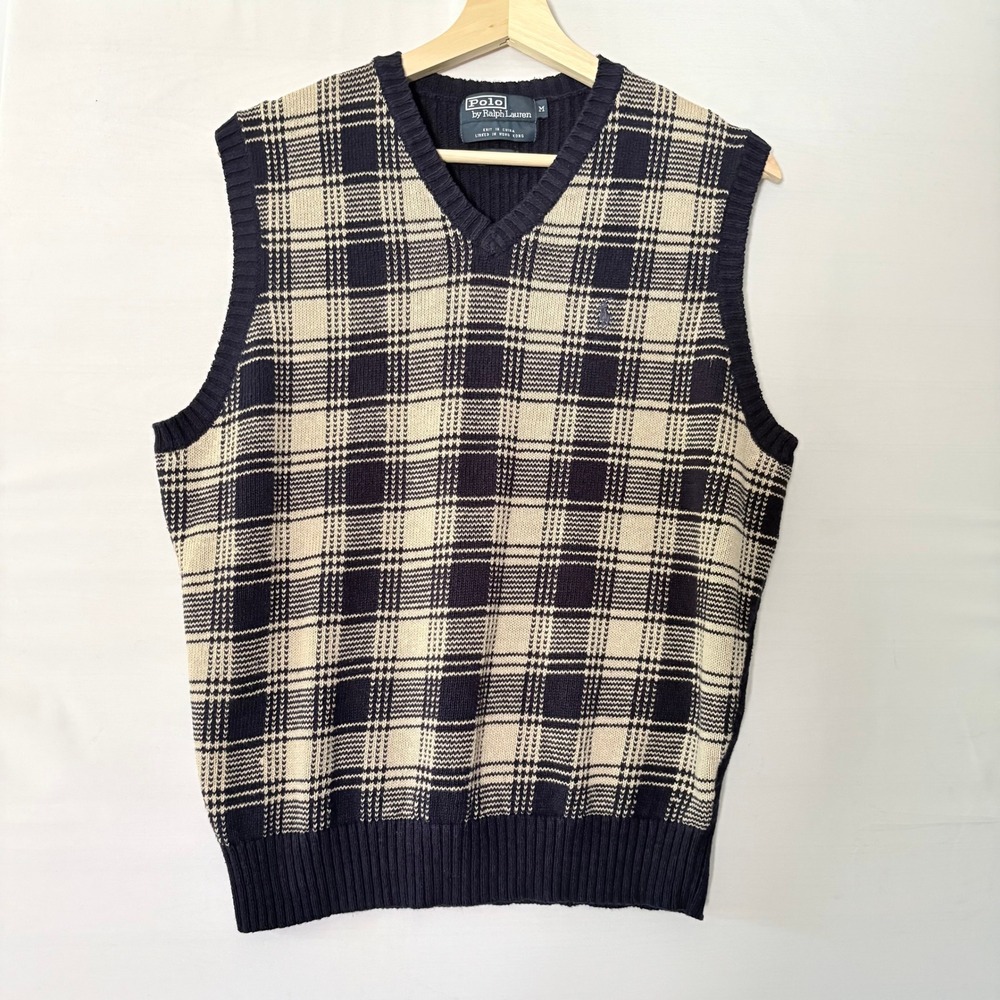 Polo Ralph Lauren Mens Plaid V-Neck Sweater Vest Navy Blue Cream Size M